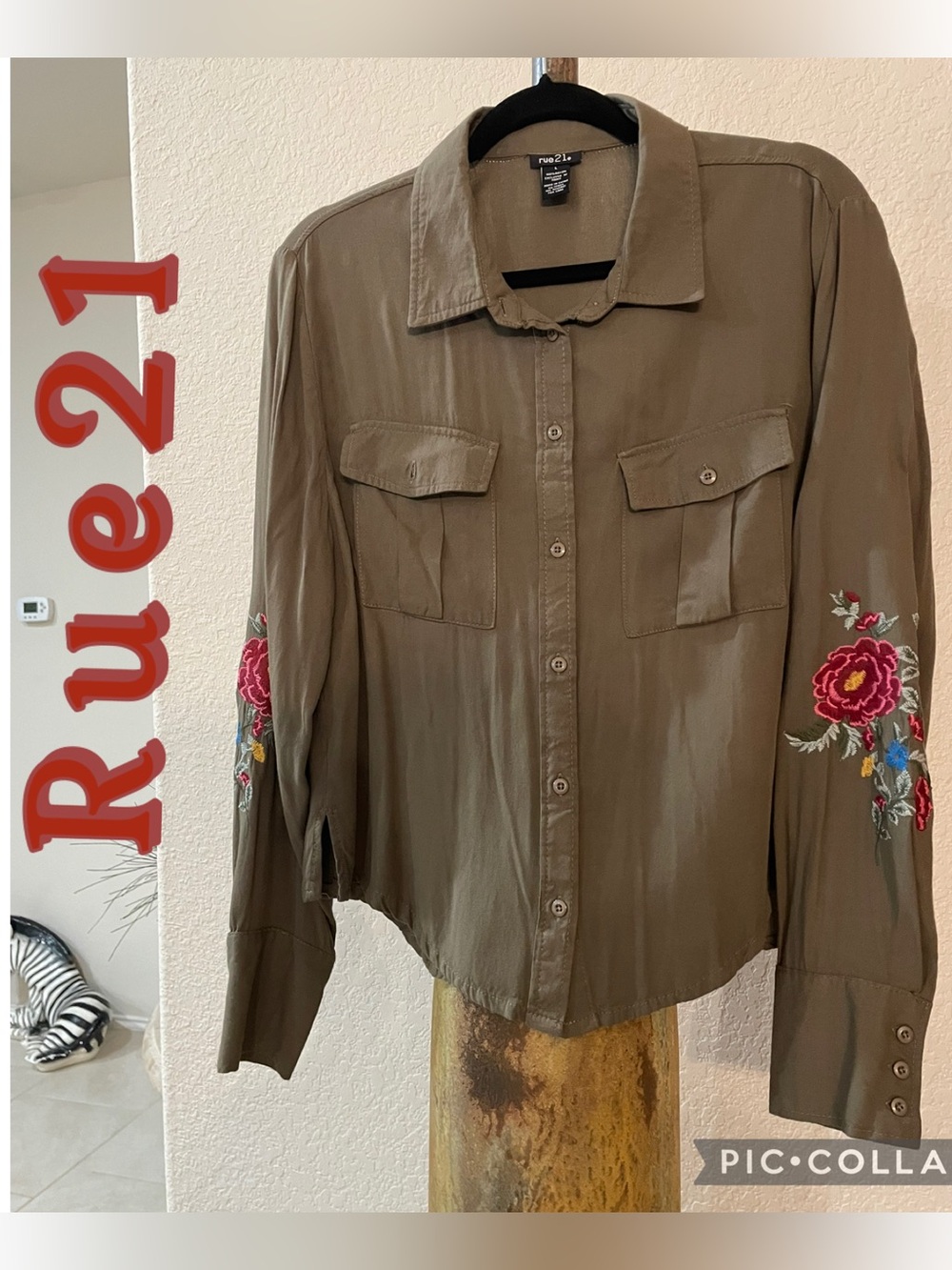 Rue21 olive green button-down shirt w floral embroidery on the sleeves SZ L EUC
